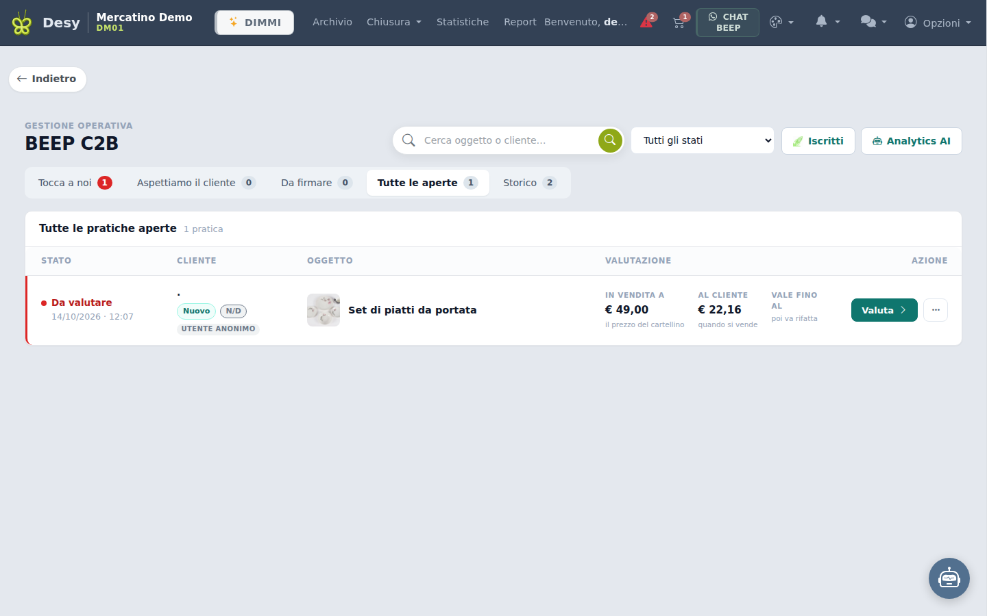 Pulsante «Carica in Desy» sulla pratica valutata.